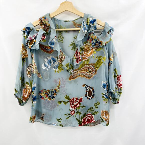 Alice + Olivia Blue Silk Velvet floral cold shoulder blouse - Picture 2 of 8